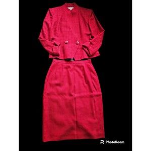Christian Dior Vintage Houndstooth Red Plaid Pure Wool Skirt Suit Set Size 8